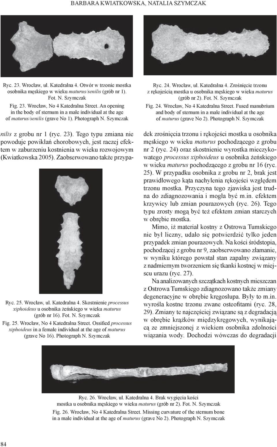 Skostnienie processus xiphoideus u osobnika żeńskiego w wieku maturus (grób nr 16). Fot. N. Szymczak Fig. 25. Wrocław, No 4 Katedralna Street.