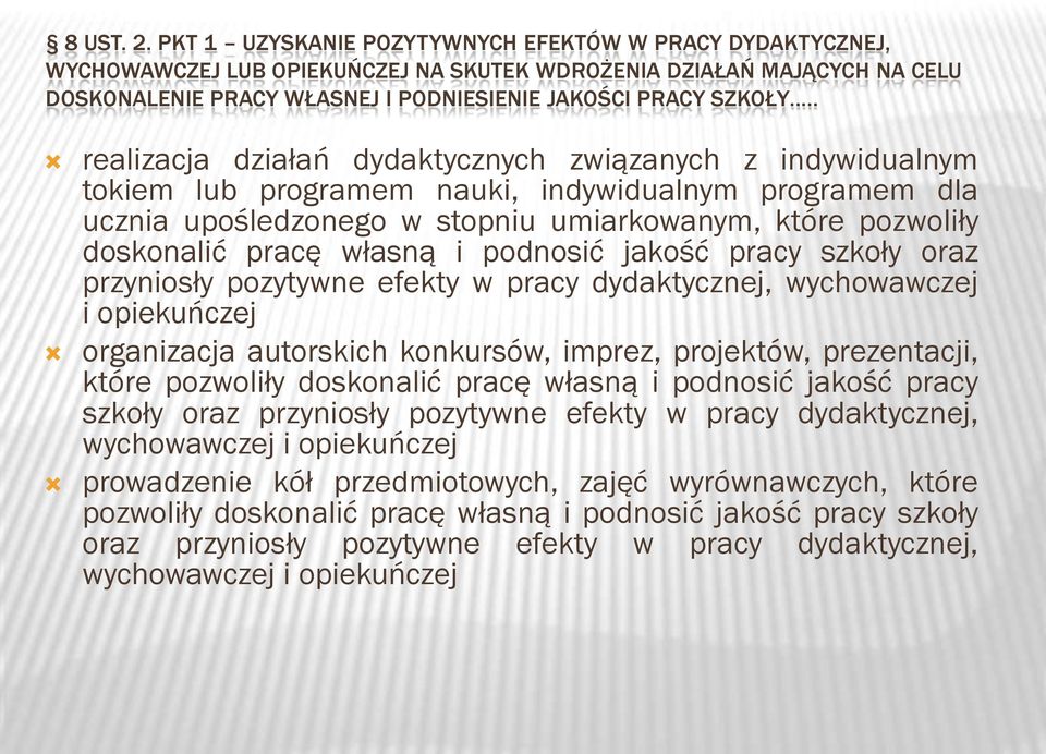 . realizacja działań dydaktycznych związanych z indywidualnym tokiem lub programem nauki, indywidualnym programem dla ucznia upośledzonego w stopniu umiarkowanym, które pozwoliły doskonalić pracę