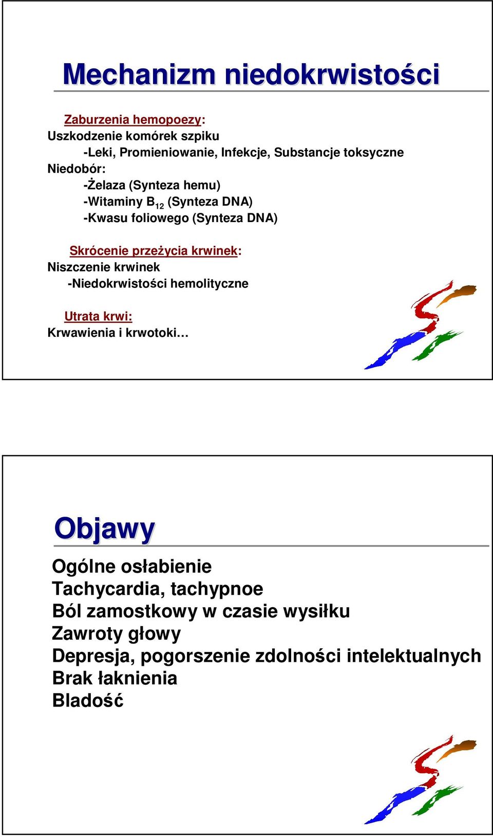 krwinek: Niszczenie krwinek -Niedokrwistości hemolityczne Utrata krwi: Krwawienia i krwotoki Objawy Ogólne osłabienie