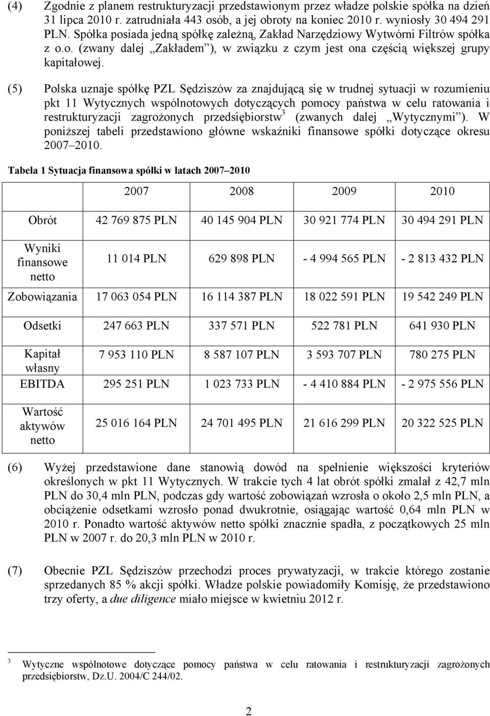 (5) Polska uznaje spółkę PZL Sędziszów za znajdującą się w trudnej sytuacji w rozumieniu pkt 11 Wytycznych wspólnotowych dotyczących pomocy państwa w celu ratowania i restrukturyzacji zagrożonych