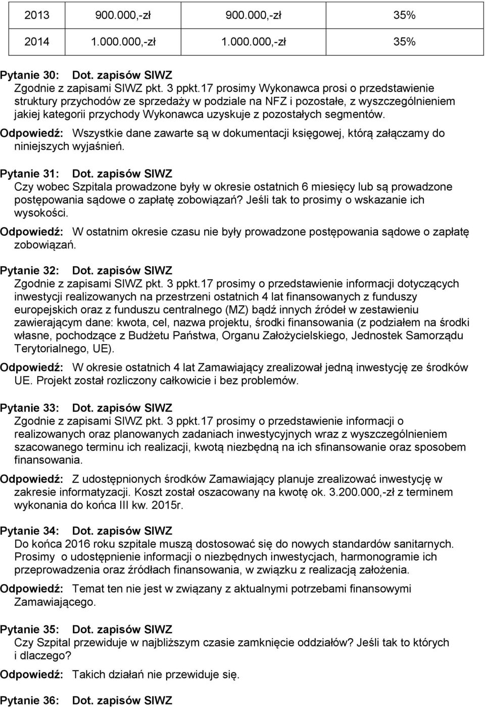 Odpowiedź: Wszystkie dane zawarte są w dokumentacji księgowej, którą załączamy do niniejszych wyjaśnień. Pytanie 31: Dot.