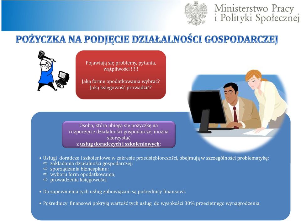 szkoleniowe w zakresie przedsiębiorczości, obejmują w szczególności problematykę: zakładania działalności gospodarczej; sporządzania biznesplanu;