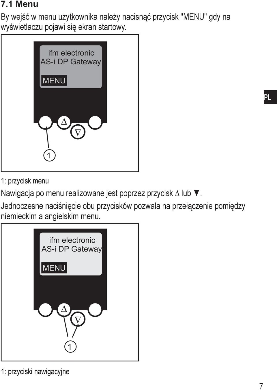 ifm electronic AS-i P Gateway MENU PL 1 1: przycisk menu Nawigacja po menu realizowane jest