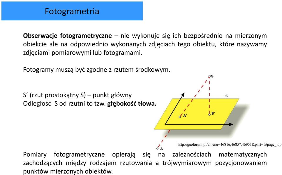 S (rzut prostokątny S) punkt główny Odległość S od rzutni to tzw. głębokość tłowa. http://geoforum.pl/?
