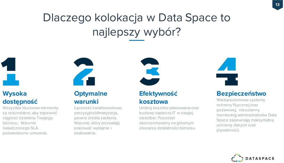 Warunki, który pozwalają pracować wydajnie i skalowalnie. Efektywność kosztowa Uniknij kosztów planowania oraz budowy zaplecza IT w swojej siedzibie.