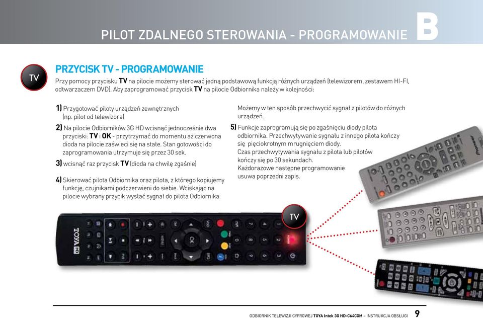 pilot od telewizora) 2) Na pilocie Odbiorników 3G HD wcisnąć jednocześnie dwa przyciski: TV i OK - przytrzymać do momentu aż czerwona dioda na pilocie zaświeci się na stałe.