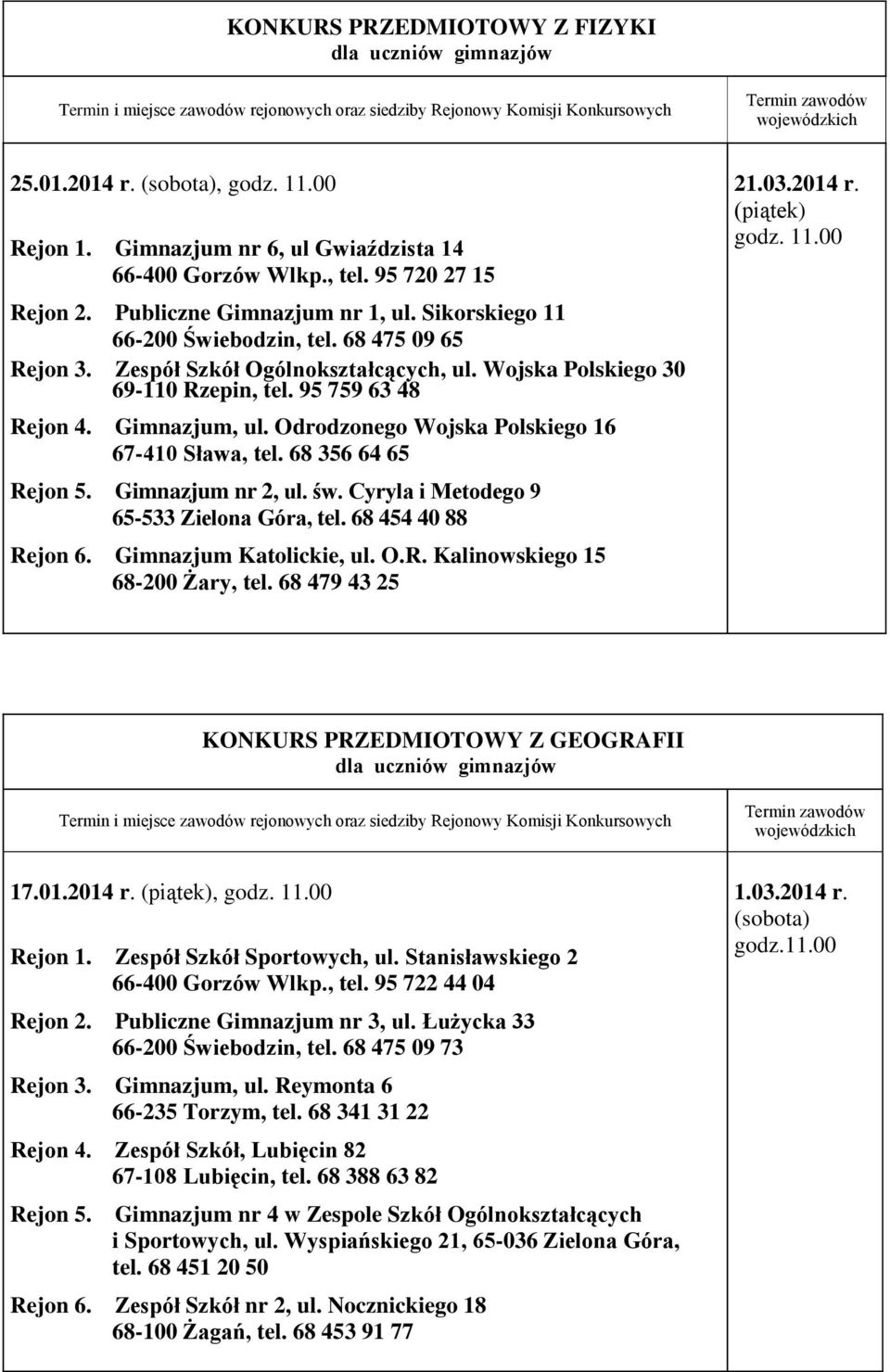 Odrodzonego Wojska Polskiego 16 67-410 Sława, tel. 68 356 64 65 Rejon 5. Gimnazjum nr 2, ul. św. Cyryla i Metodego 9 65-533 Zielona Góra, tel. 68 454 40 88 Rejon 6. Gimnazjum Katolickie, ul. O.R. Kalinowskiego 15 68-200 Żary, tel.