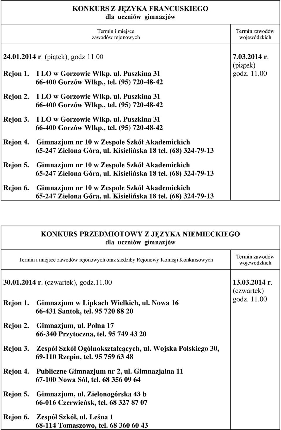 Gimnazjum nr 10 w Zespole Szkół Akademickich 65-247 Zielona Góra, ul. Kisielińska 18 tel. (68) 324-79-13 Rejon 5. Rejon 6. Gimnazjum nr 10 w Zespole Szkół Akademickich 65-247 Zielona Góra, ul.