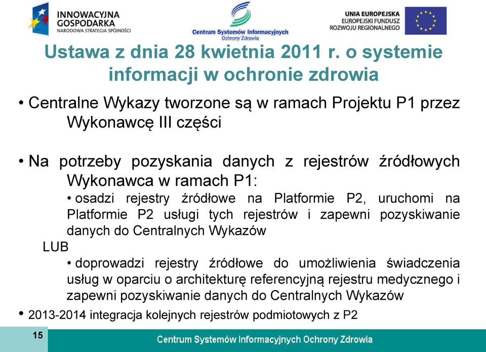 rejestrów źródłowych Wykonawca w ramach P1: osadzi rejestry źródłowe na Platformie P2, uruchomi na Platformie P2 usługi tych rejestrów i zapewni