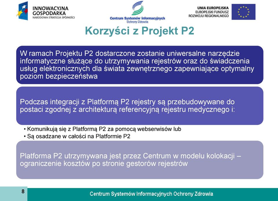 są przebudowywane do postaci zgodnej z architekturą referencyjną rejestru medycznego i: Komunikują się z Platformą P2 za pomocą webserwisów lub Są