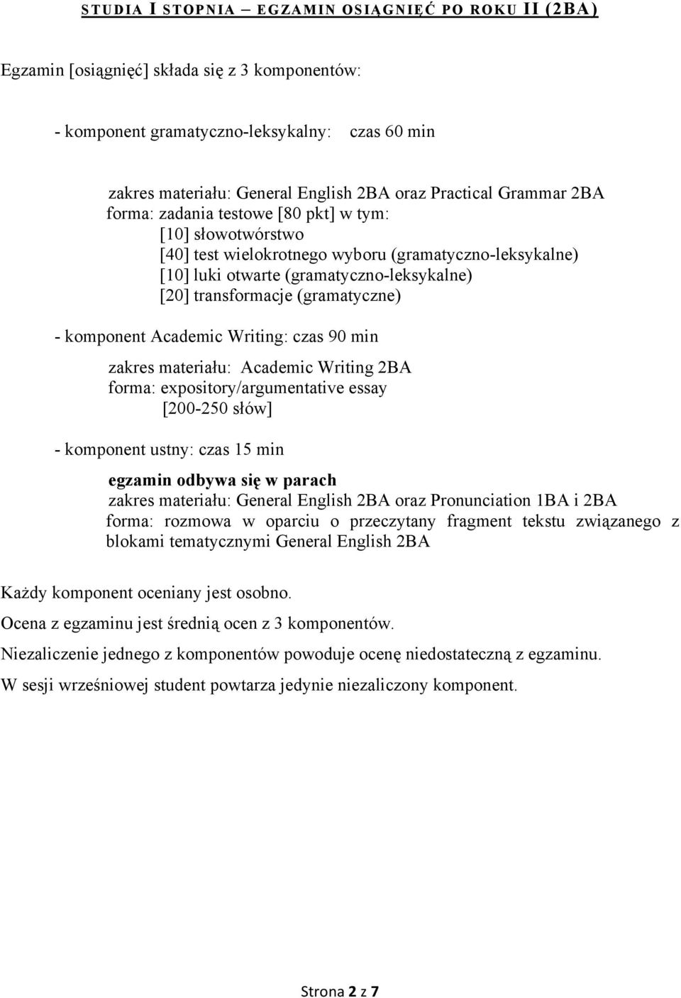 (gramatyczne) - komponent Academic Writing: czas 90 min zakres materiału: Academic Writing 2BA forma: expository/argumentative essay [200-250 słów] - komponent ustny: czas 15 min egzamin odbywa się w