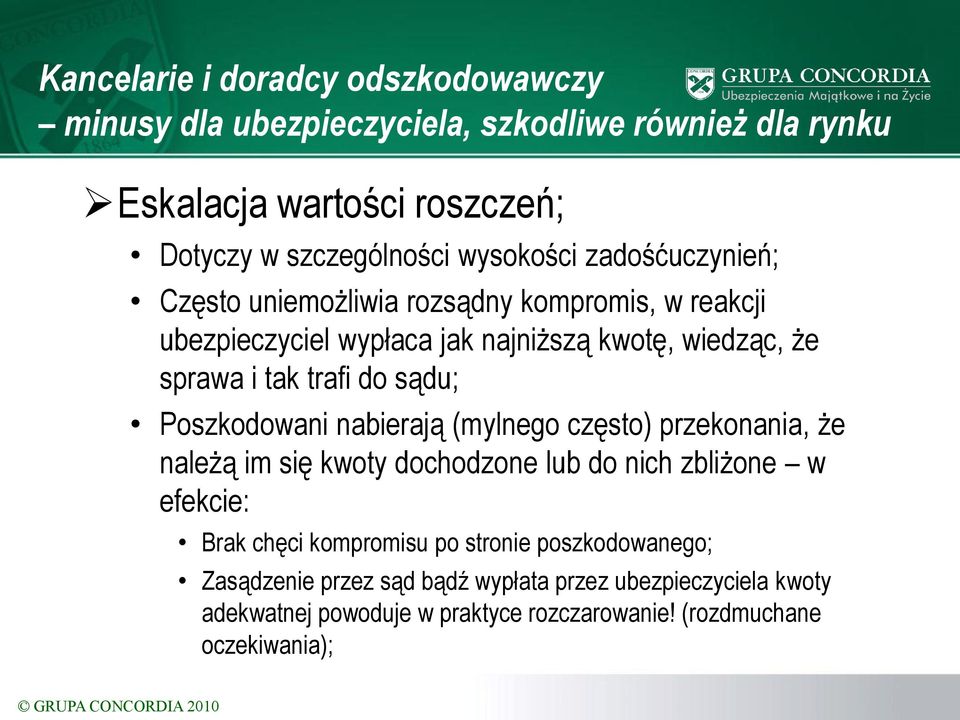 nabierają (mylnego często) przekonania, że należą im się kwoty dochodzone lub do nich zbliżone w efekcie: Brak chęci kompromisu po stronie