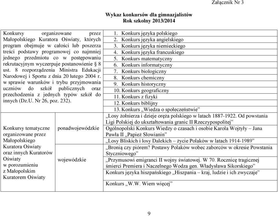 w sprawie warunków i trybu przyjmowania uczniów do szkół publicznych oraz przechodzenia z jednych typów szkół do innych (Dz.U. Nr 26, poz. 232).