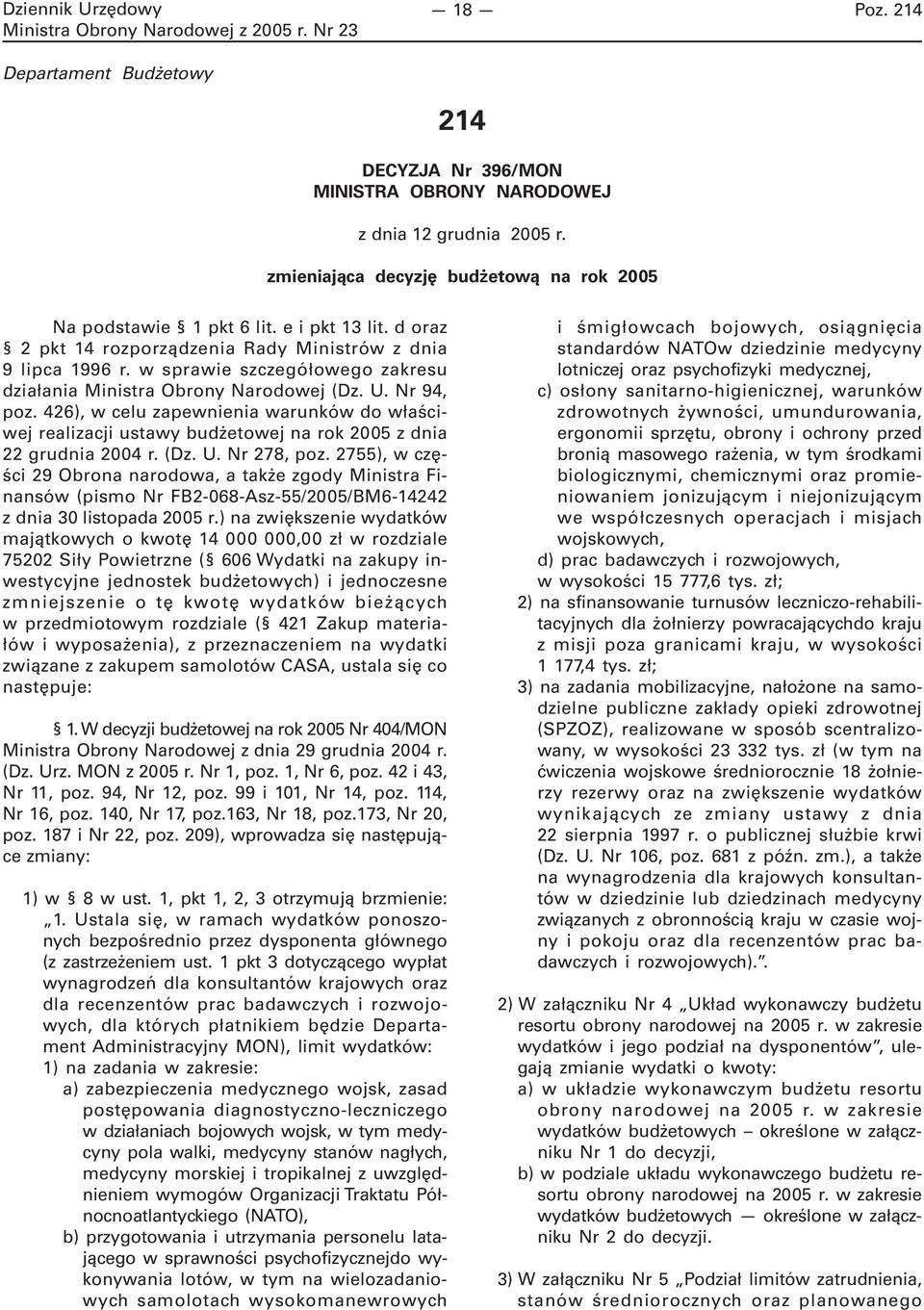 426), w celu zapewnienia warunków do właściwej realizacji ustawy budżetowej na rok 2005 z dnia 22 grudnia 2004 r. (Dz. U. Nr 278, poz.