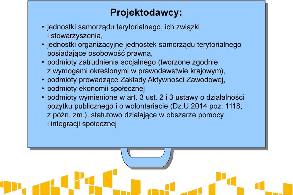 krajowym), podmioty prowadzące Zakłady Aktywności Zawodowej, podmioty ekonomii społecznej podmioty wymienione w art. 3 ust.