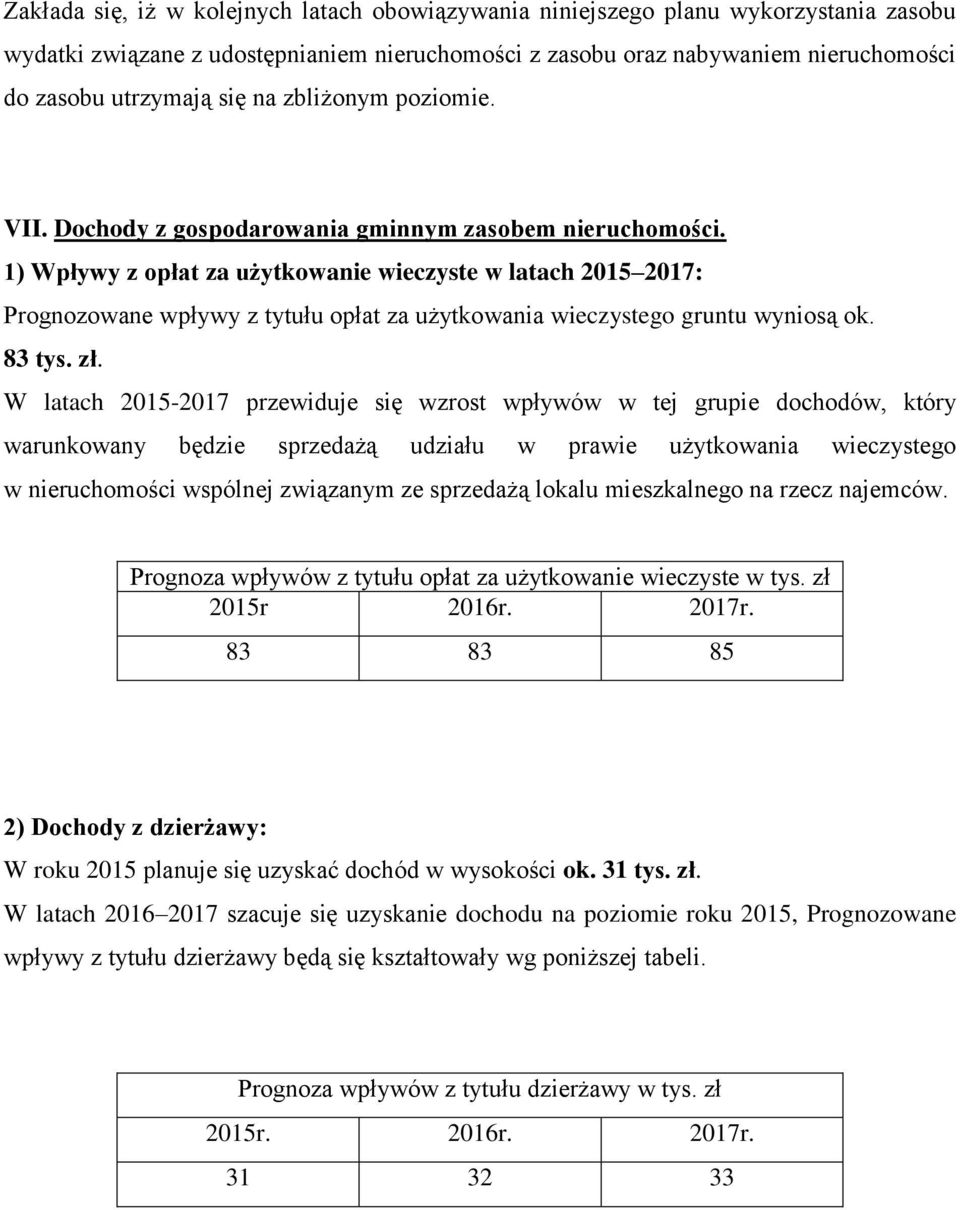 1) Wpływy z opłat za użytkowanie wieczyste w latach 2015 2017: Prognozowane wpływy z tytułu opłat za użytkowania wieczystego gruntu wyniosą ok. 83 tys. zł.