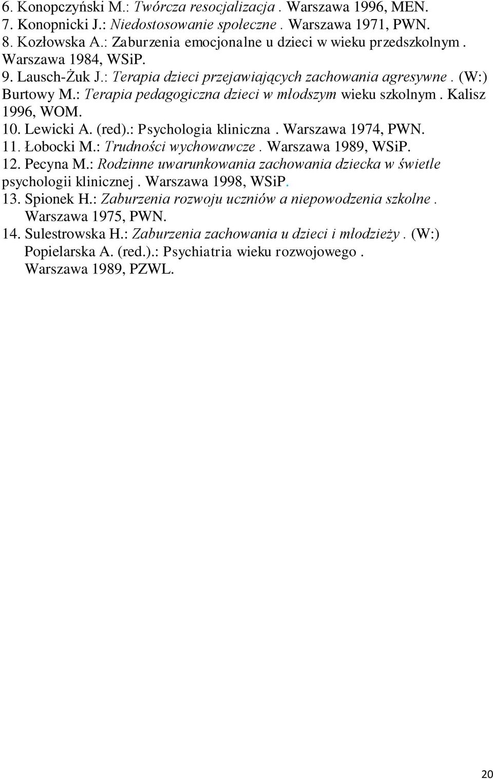(red).: Psychologia kliniczna. Warszawa 1974, PWN. 11. Łobocki M.: Trudności wychowawcze. Warszawa 1989, WSiP. 12. Pecyna M.