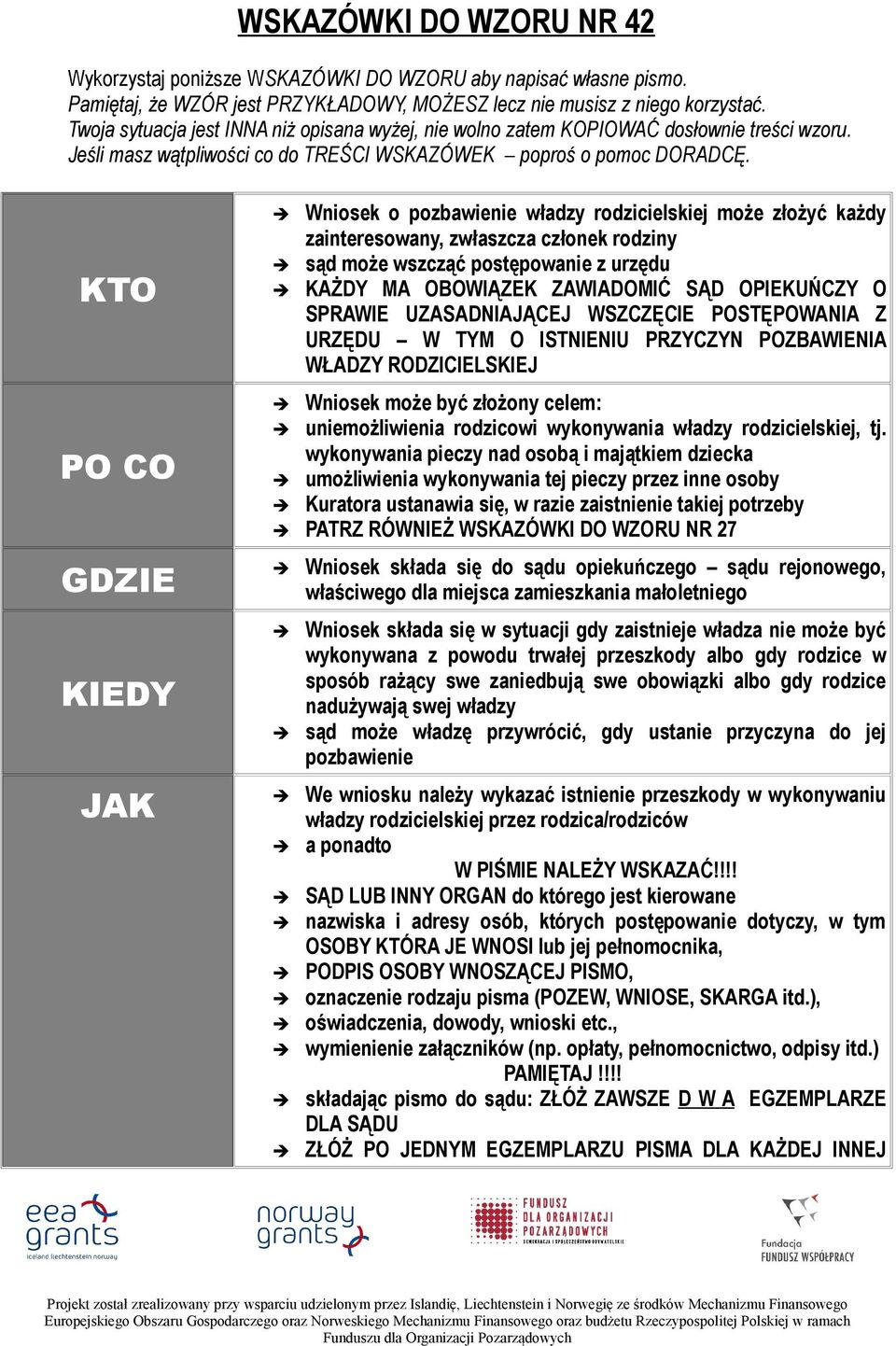 KTO PO CO GDZIE KIEDY JAK Wniosek o pozbawienie władzy rodzicielskiej może złożyć każdy zainteresowany, zwłaszcza członek rodziny sąd może wszcząć postępowanie z urzędu KAŻDY MA OBOWIĄZEK ZAWIADOMIĆ