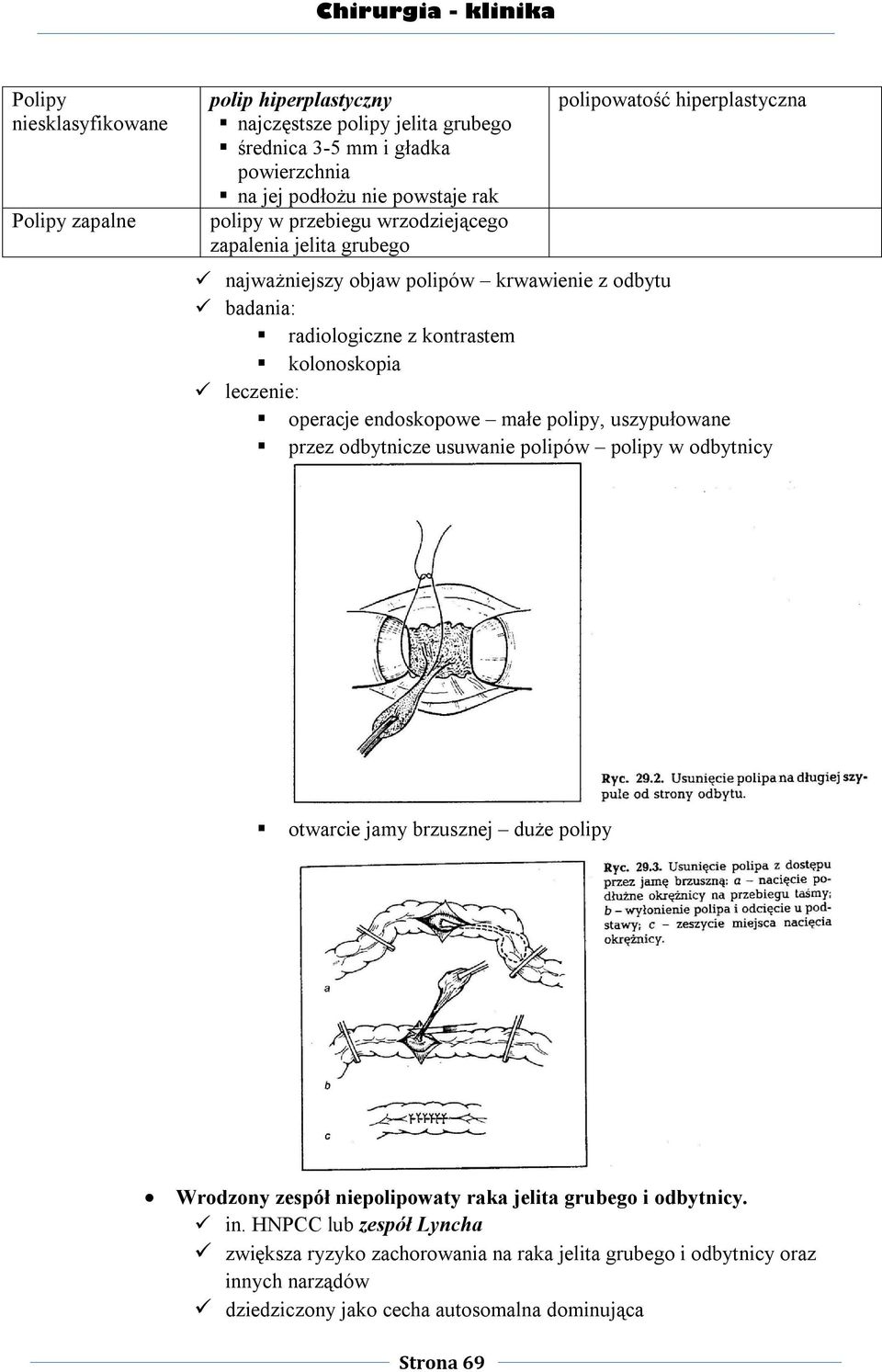 leczenie: operacje endoskopowe małe polipy, uszypułowane przez odbytnicze usuwanie polipów polipy w odbytnicy otwarcie jamy brzusznej duże polipy Wrodzony zespół niepolipowaty raka