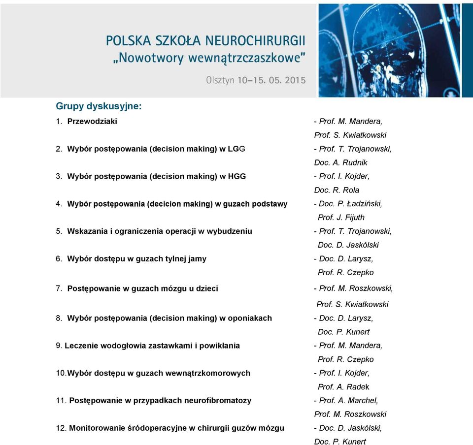 Wskazania i ograniczenia operacji w wybudzeniu - Prof. T. Trojanowski, Doc. D. Jaskólski 6. Wybór dostępu w guzach tylnej jamy - Doc. D. Larysz, Prof. R. Czepko 7.