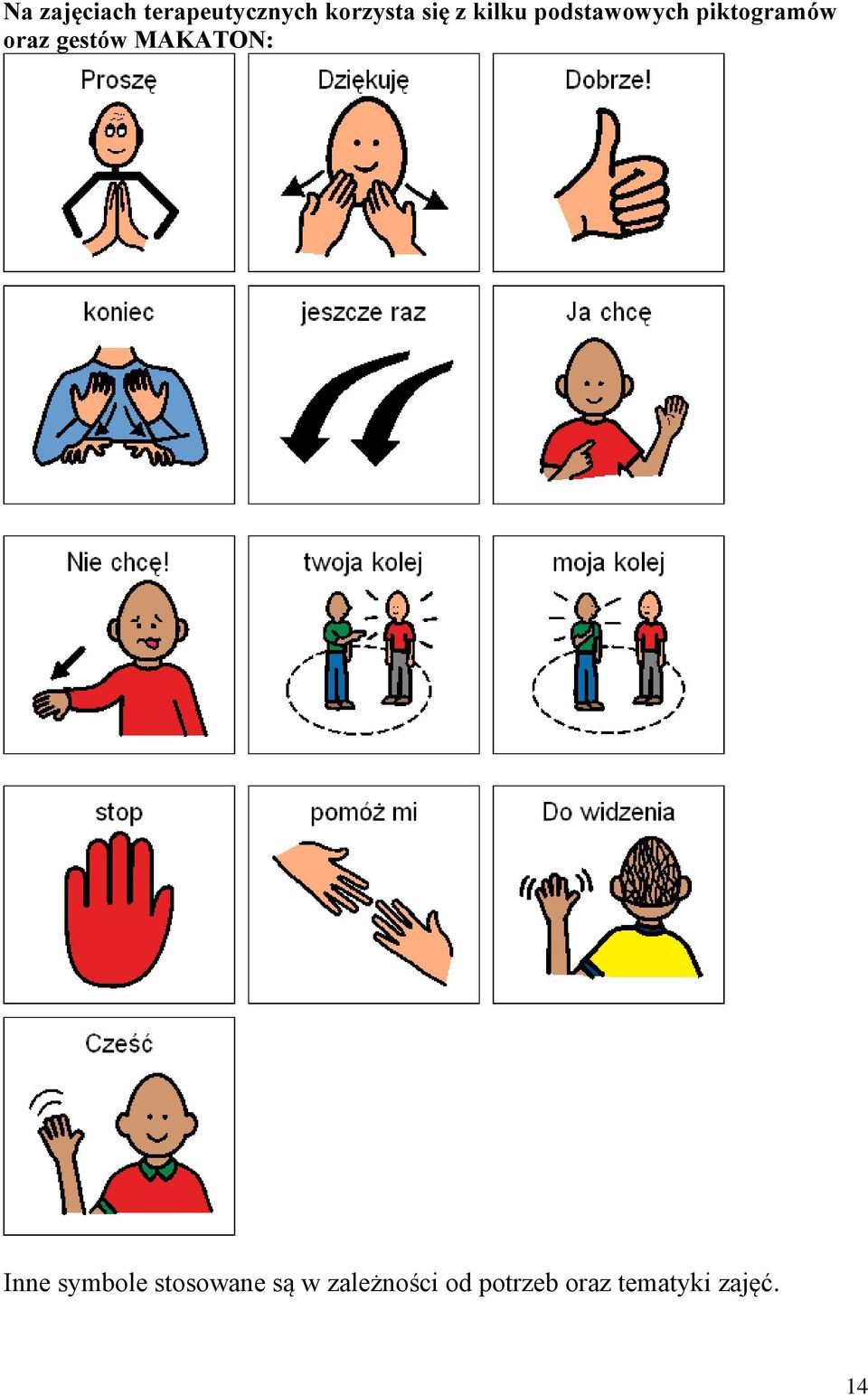 gestów MAKATON: Inne symbole stosowane są