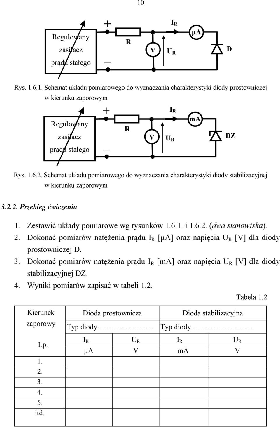 2. Dokonać pomiarów natężenia prądu I R [μa] oraz napięcia U R [V] dla diody prostowniczej D. 3. Dokonać pomiarów natężenia prądu I R [ma] oraz napięcia U R [V] dla diody stabilizacyjnej DZ. 4.
