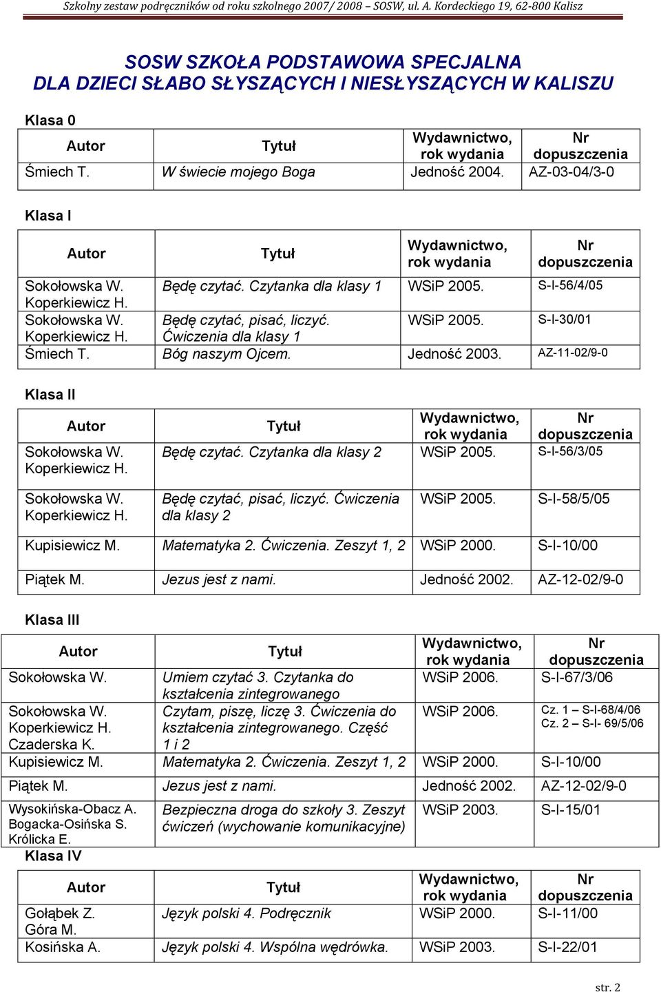 WSiP 2005. S-I-30/01 Koperkiewicz H. Ćwiczenia dla klasy 1 Śmiech T. Bóg naszym Ojcem. Jedność 2003. AZ-11-02/9-0 Klasa II Sokołowska W. Koperkiewicz H. Będę czytać. Czytanka dla klasy 2 WSiP 2005.