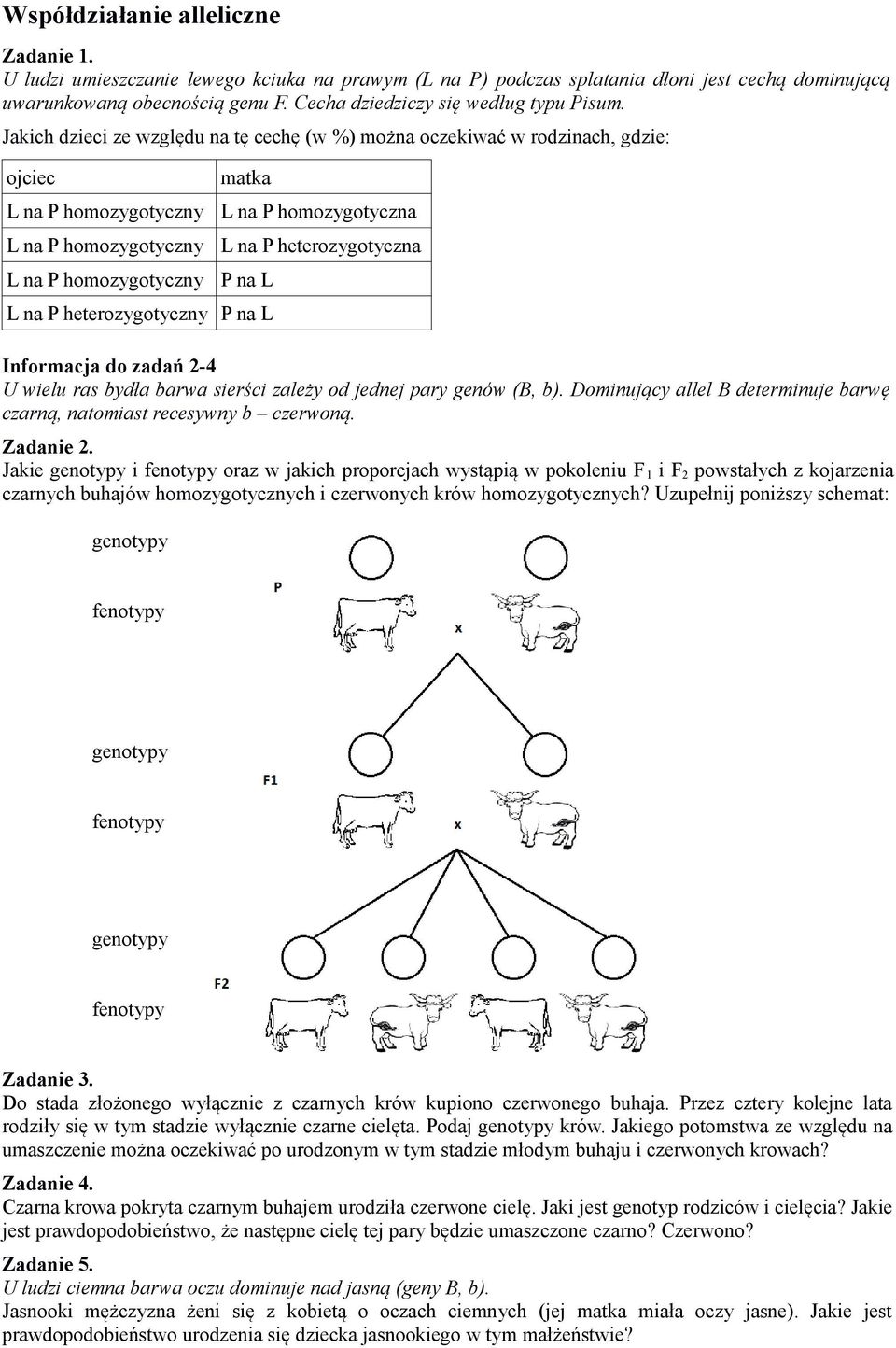 Jakich dzieci ze względu na tę cechę (w %) można oczekiwać w rodzinach, gdzie: ojciec L na P homozygotyczny L na P homozygotyczny L na P homozygotyczny matka L na P homozygotyczna L na P