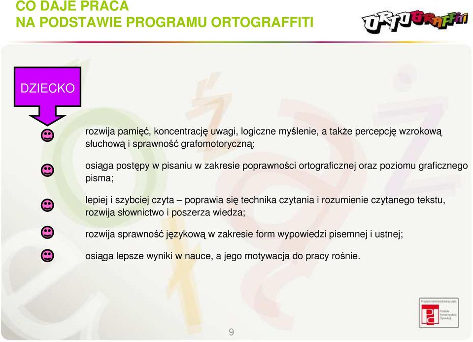 graficznego pisma; lepiej i szybciej czyta poprawia się technika czytania i rozumienie czytanego tekstu, rozwija słownictwo i