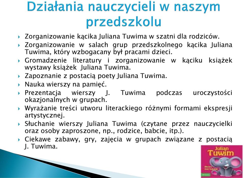 Prezentacja wierszy J. Tuwima podczas uroczystości okazjonalnych w grupach. Wyrażanie treści utworu literackiego różnymi formami ekspresji artystycznej.