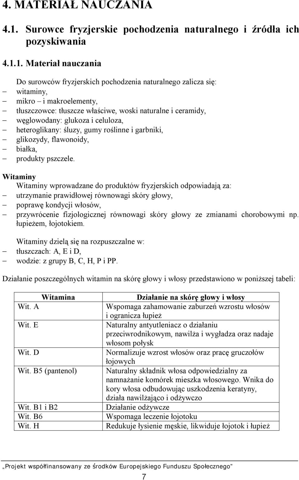 1. Materiał nauczania Do surowców fryzjerskich pochodzenia naturalnego zalicza się: witaminy, mikro i makroelementy, tłuszczowce: tłuszcze właściwe, woski naturalne i ceramidy, węglowodany: glukoza i