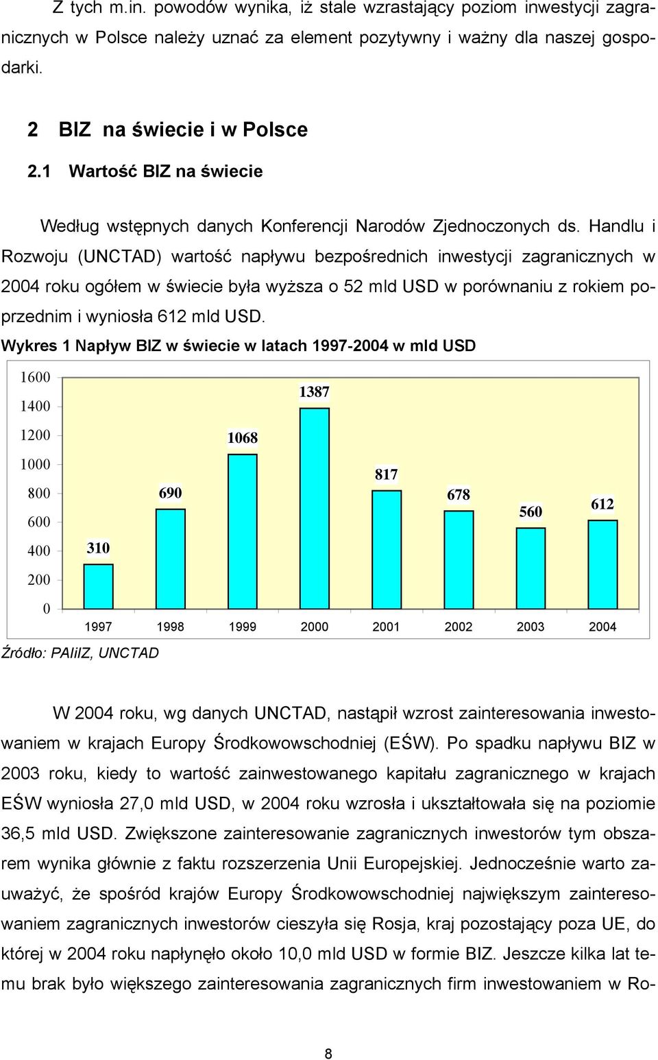 Handlu i Rozwoju (UNCTAD) wartość napływu bezpośrednich inwestycji zagranicznych w 2004 roku ogółem w świecie była wyższa o 52 mld USD w porównaniu z rokiem poprzednim i wyniosła 612 mld USD.