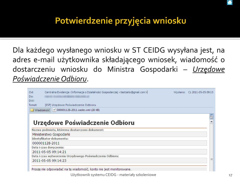 składającego wniosek, wiadomość o dostarczeniu