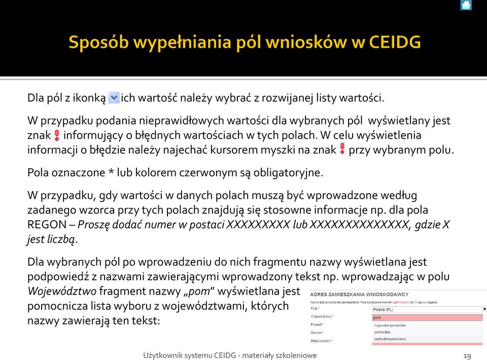 W celu wyświetlenia informacji o błędzie należy najechać kursorem myszki na znak przy wybranym polu. Pola oznaczone * lub kolorem czerwonym są obligatoryjne.