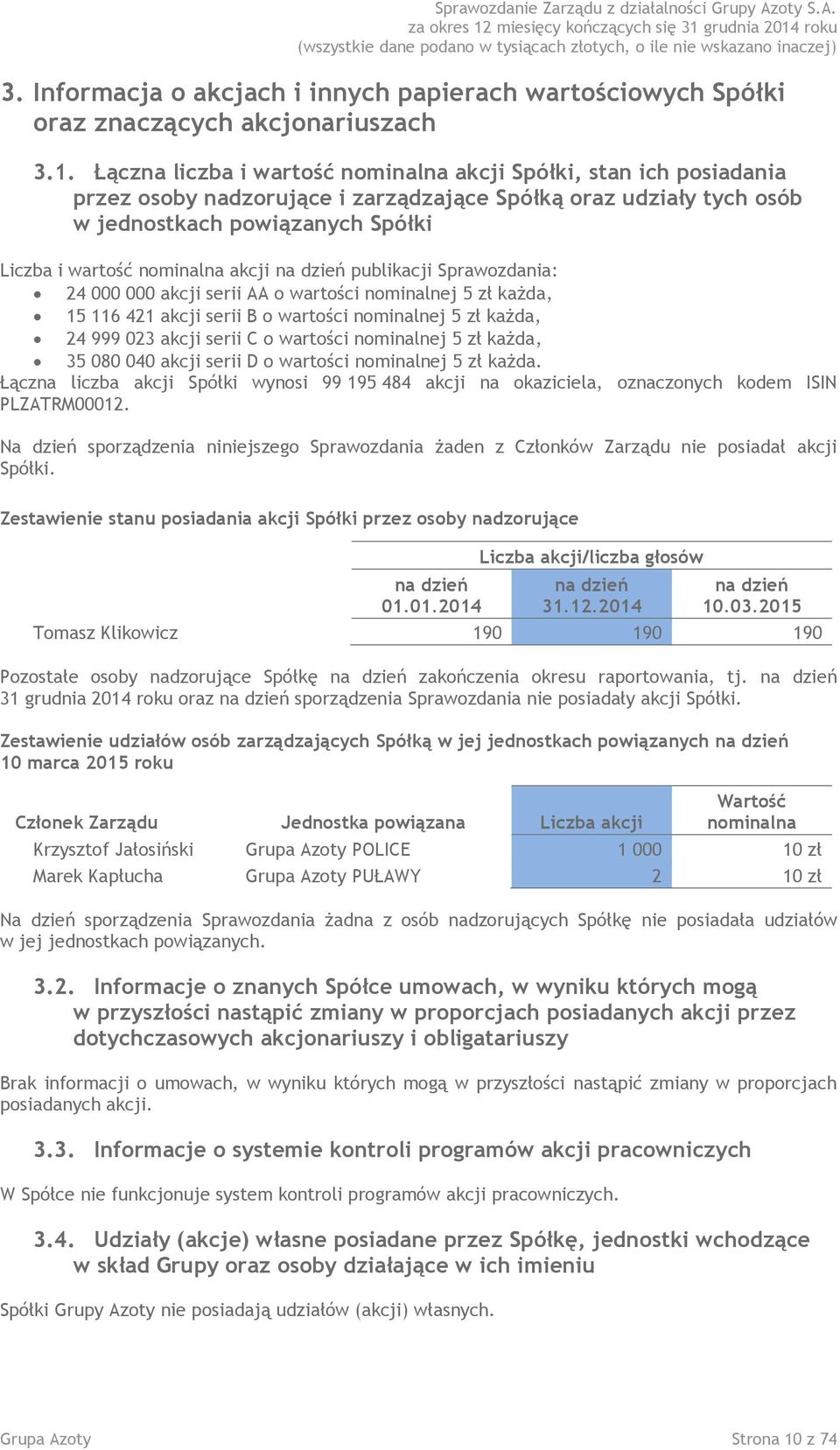 akcji na dzień publikacji Sprawozdania: 24 000 000 akcji serii AA o wartości nominalnej 5 zł każda, 15 116 421 akcji serii B o wartości nominalnej 5 zł każda, 24 999 023 akcji serii C o wartości