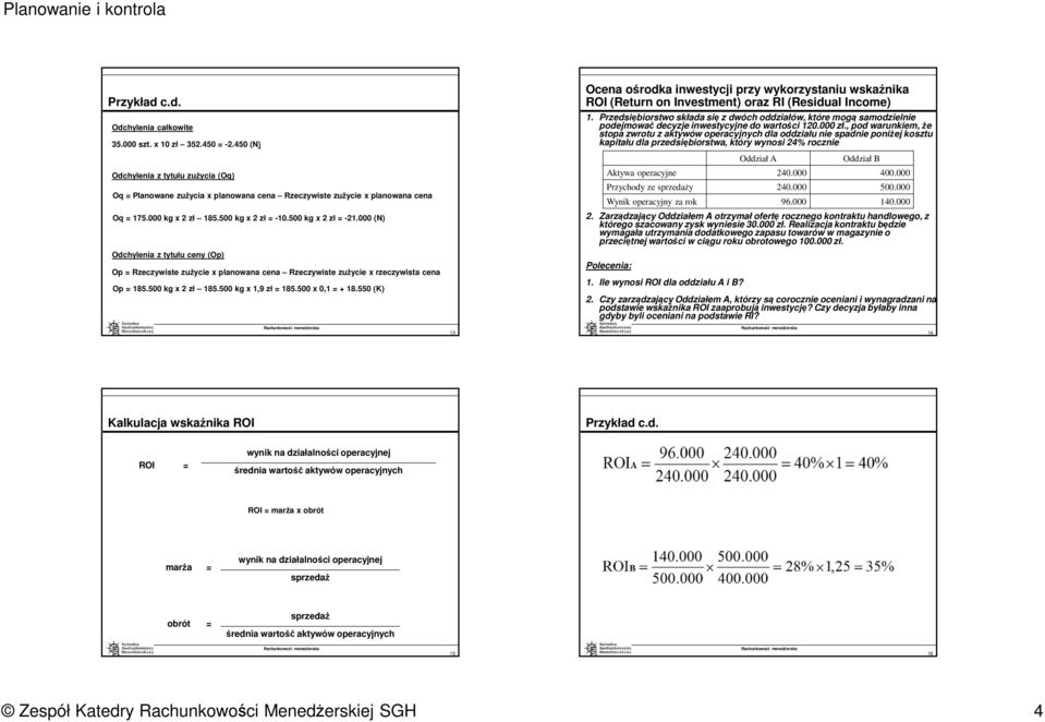 500 kg x 2 zł 185.500 kg x 1,9 zł = 185.500 x 0,1 = + 18.550 (K) Ocena ośrodka inwestycji przy wykorzystaniu wskaźnika ROI (Return on Investment) oraz RI (Residual Income) 1.