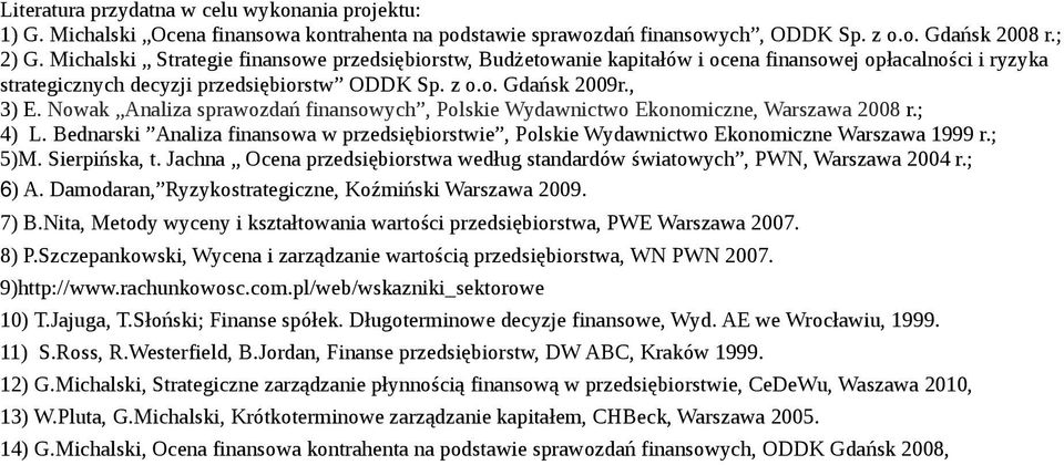 Nowak Analiza sprawozdań finansowych, Polskie Wydawnictwo Ekonomiczne, Warszawa 2008 r.; 4) L. Bednarski Analiza finansowa w przedsiębiorstwie, Polskie Wydawnictwo Ekonomiczne Warszawa 1999 r.; 5)M.