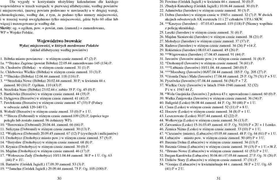 Skróty: og. = ogółem, pow. = powiat, zam. (zamord.) = zamordowano, WP = Wojsko Polskie. Województwo lwowskie Wykaz miejscowości, w których mordowano Polaków (układ alfabetyczny według powiatów) 1.