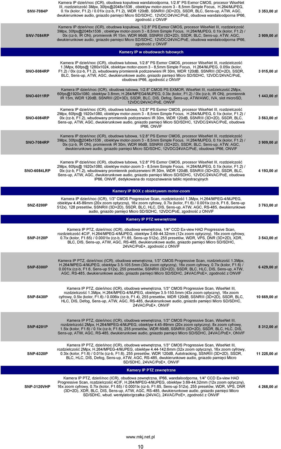 2), WDR 120dB, SSNRIII (3D+2D), SSDR, BLC, Sens-up, ATW, AGC, dwukierunkowe audio, gniazdo pamięci Micro SD/SDHC, 12VDC/24VAC/PoE, obudowa wandaloodporna IP66, zgodność z ONVIF Kamera IP dzień/noc
