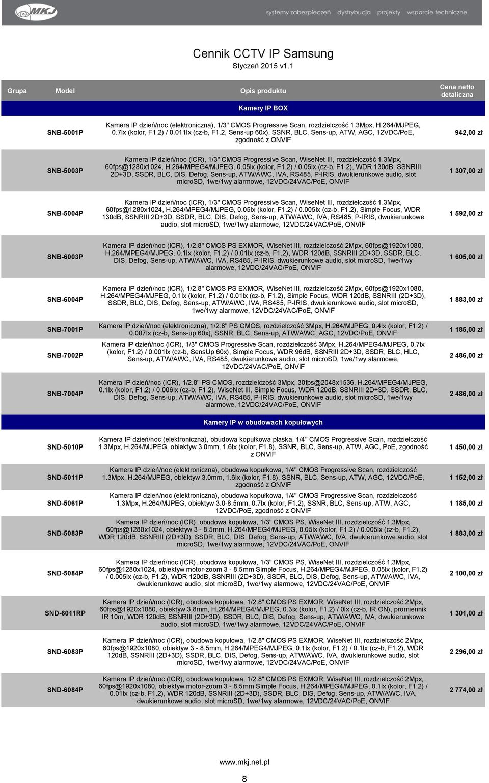 2, Sens-up 60x), SSNR, BLC, Sens-up, ATW, AGC, 12VDC/PoE, 942,00 zł zgodność z ONVIF SNB-5003P Kamera IP dzień/noc (ICR), 1/3" CMOS Progressive Scan, WiseNet III, rozdzielczość 1.