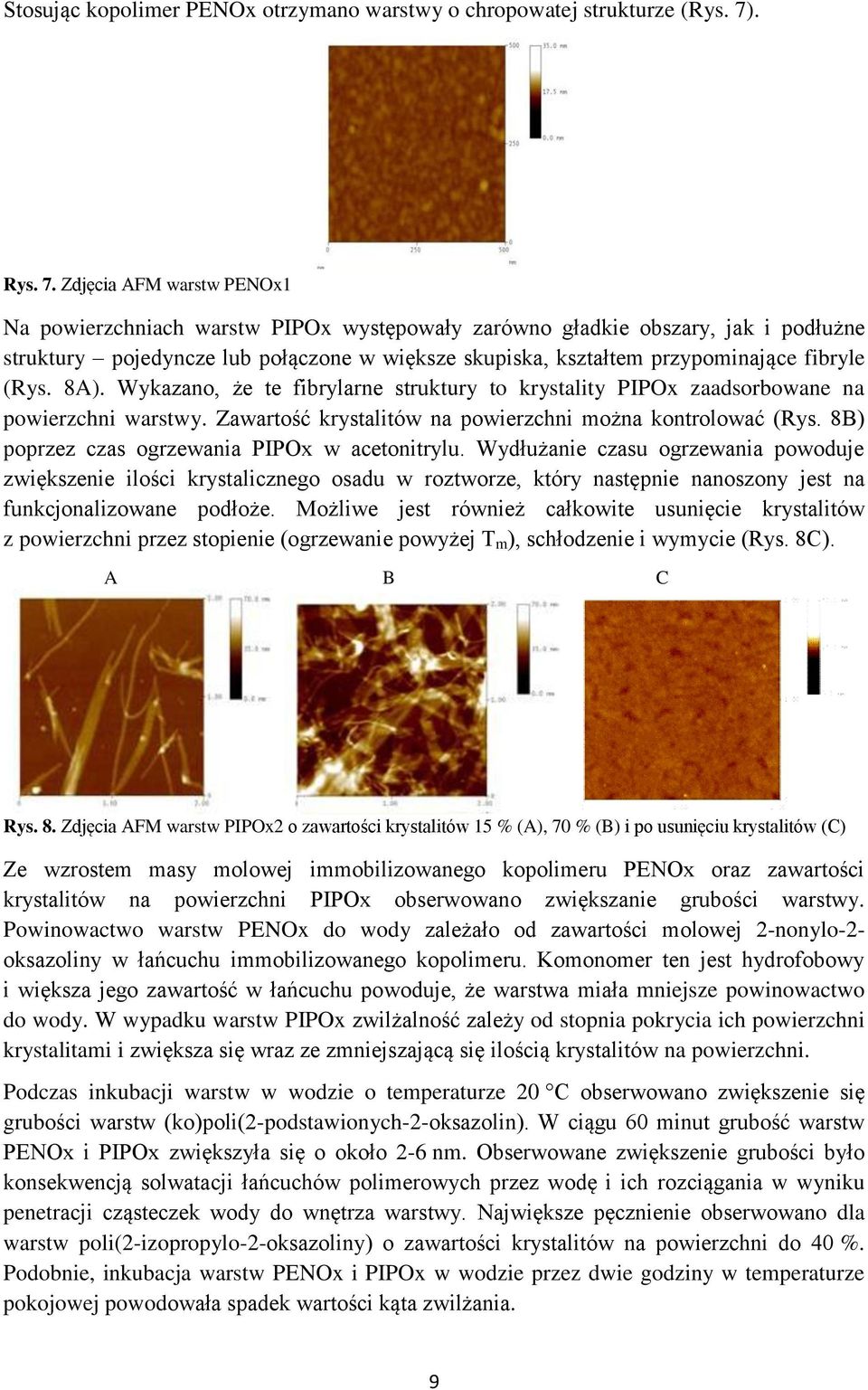 Zdjęcia AFM warstw PENOx1 Na powierzchniach warstw PIPOx występowały zarówno gładkie obszary, jak i podłużne struktury pojedyncze lub połączone w większe skupiska, kształtem przypominające fibryle