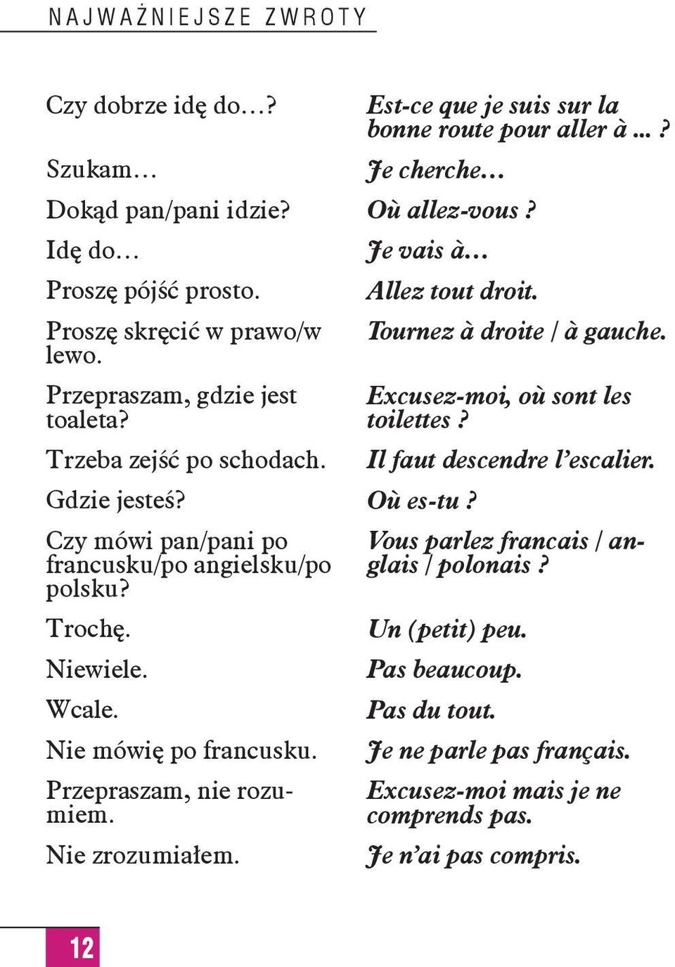 Czy mówi pan/pani po francusku/po angielsku/po polsku? Trochę. Niewiele. Wcale. Nie mówię po francusku. Przepraszam, nie rozumiem. Nie zrozumiałem. Tournez à droite / à gauche.