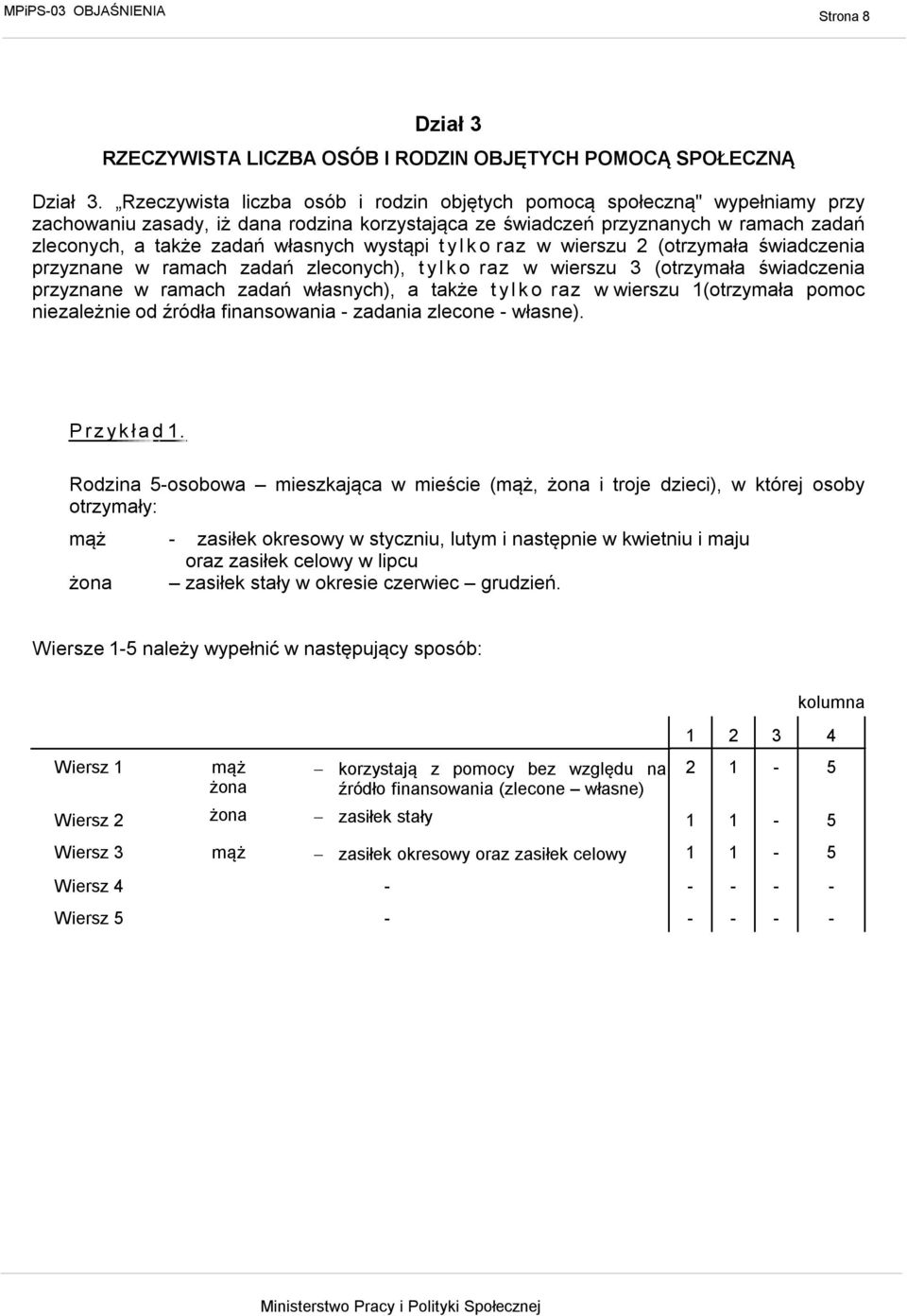 wystąpi tylko raz w wierszu 2 (otrzymała świadczenia przyznane w ramach zadań zleconych), tylko raz w wierszu 3 (otrzymała świadczenia przyznane w ramach zadań własnych), a także tylko raz w wierszu