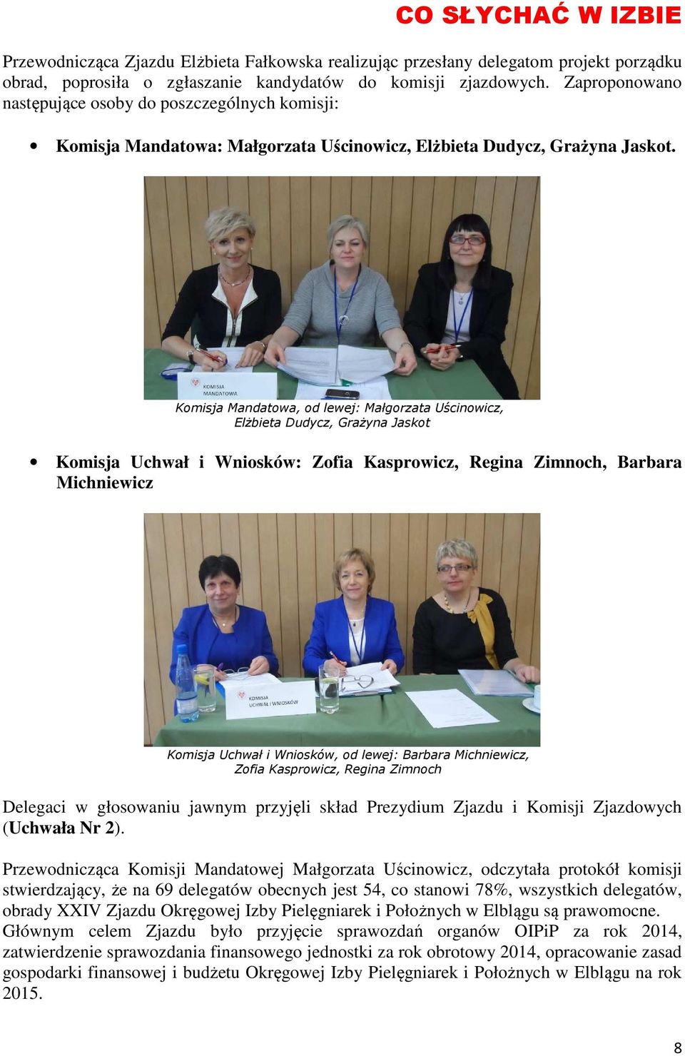 Komisja Mandatowa, od lewej: Małgorzata Uścinowicz, Elżbieta Dudycz, Grażyna Jaskot Komisja Uchwał i Wniosków: Zofia Kasprowicz, Regina Zimnoch, Barbara Michniewicz Komisja Uchwał i Wniosków, od