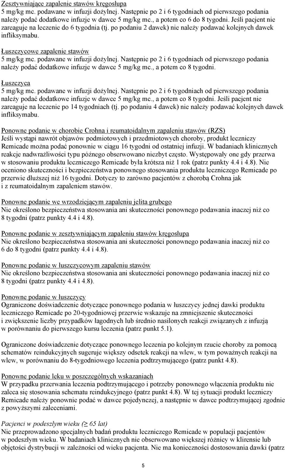 podawane w infuzji dożylnej. Następnie po 2 i 6 tygodniach od pierwszego podania należy podać dodatkowe infuzje w dawce 5 mg/kg mc., a potem co 8 tygodni. Łuszczyca 5 mg/kg mc.