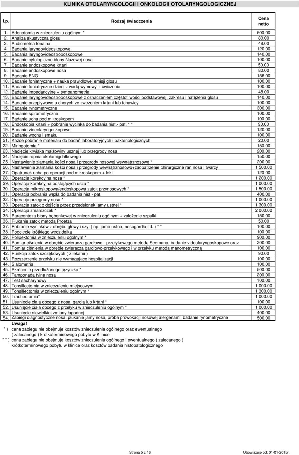 Badanie foniatryczne + nauka prawidłowej emisji głosu 100.00 11. Badanie foniatryczne dzieci z wadą wymowy + ćwiczenia 100.00 12. Badanie impedancyjne + tympanometria 48.00 13.