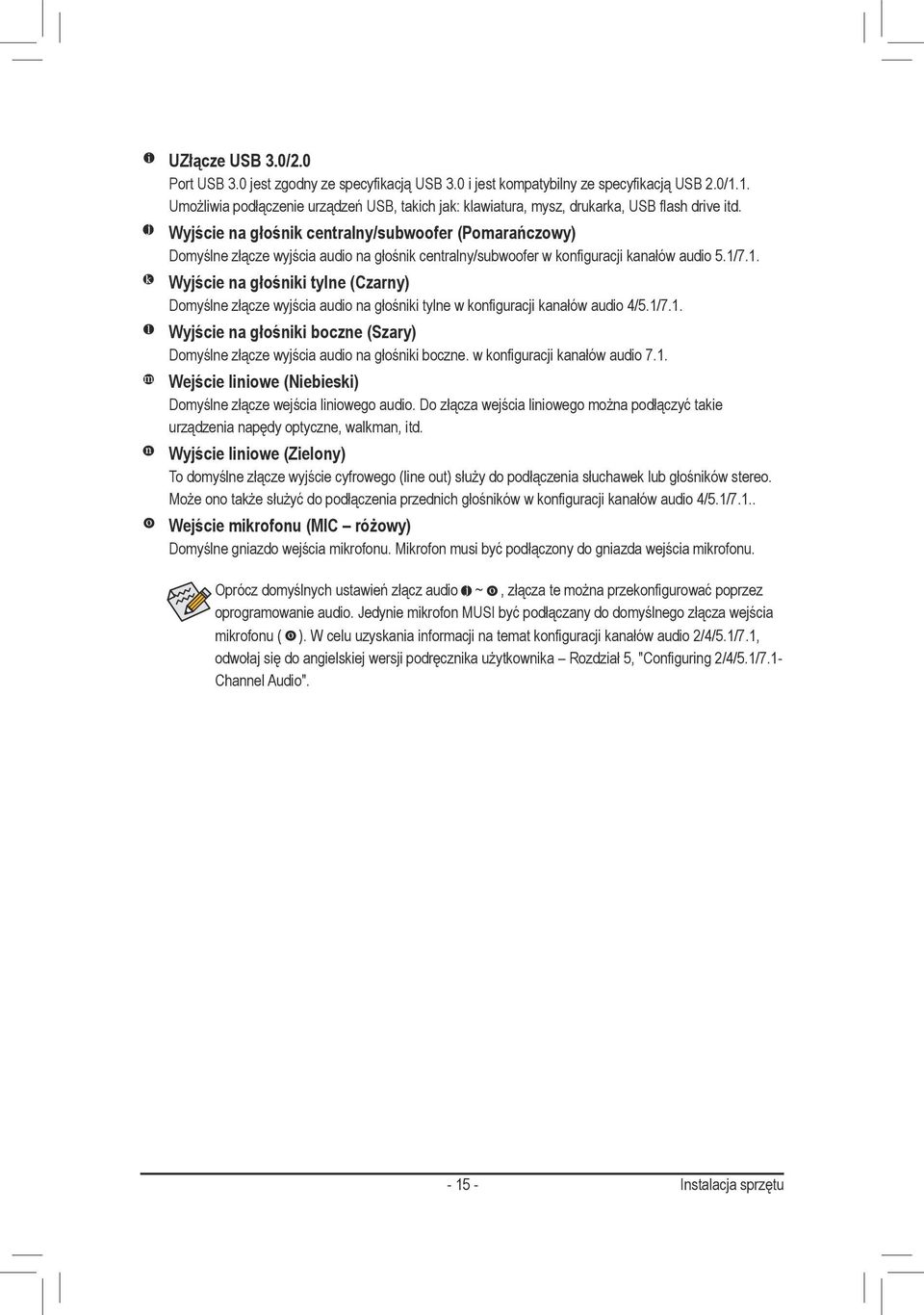 . Wyjście na głośniki tylne (Czarny) Domyślne złącze wyjścia audio na głośniki tylne w konfiguracji kanałów audio 4/5./7.