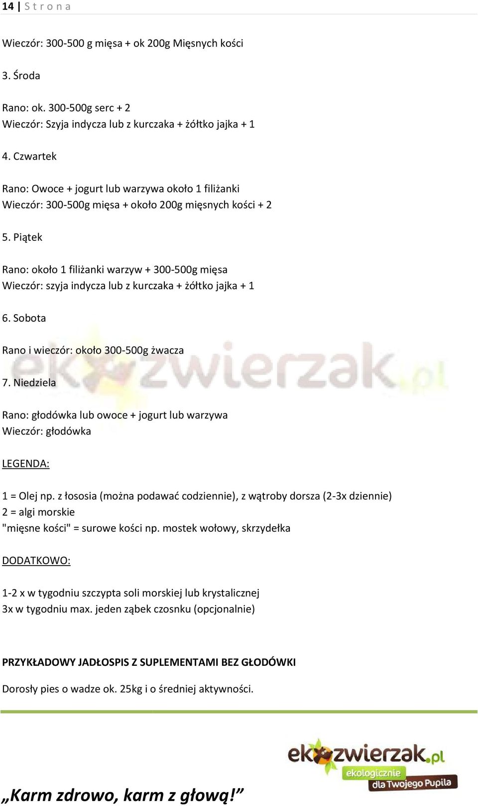 Piątek Rano: około 1 filiżanki warzyw + 300-500g mięsa Wieczór: szyja indycza lub z kurczaka + żółtko jajka + 1 6. Sobota Rano i wieczór: około 300-500g żwacza 7.
