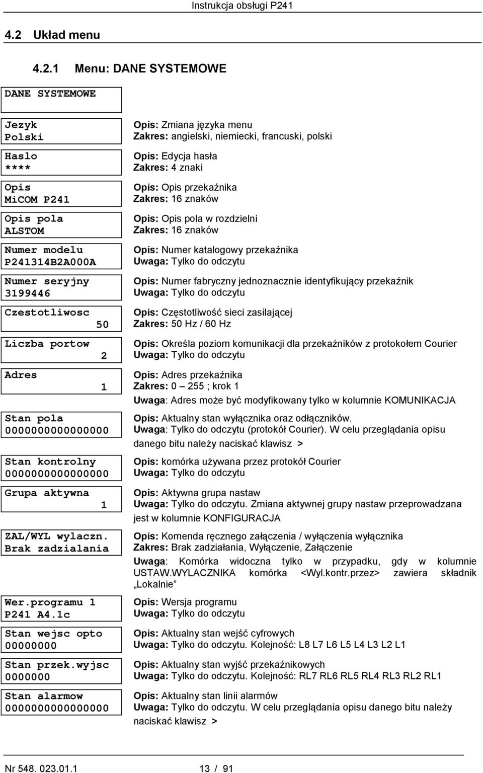 wyjsc 0000000 Stan alarmow 0000000000000000 Opis: Zmiana języka menu Zakres: angielski, niemiecki, francuski, polski Opis: Edycja hasła Zakres: 4 znaki Opis: Opis przekaźnika Zakres: 16 znaków Opis:
