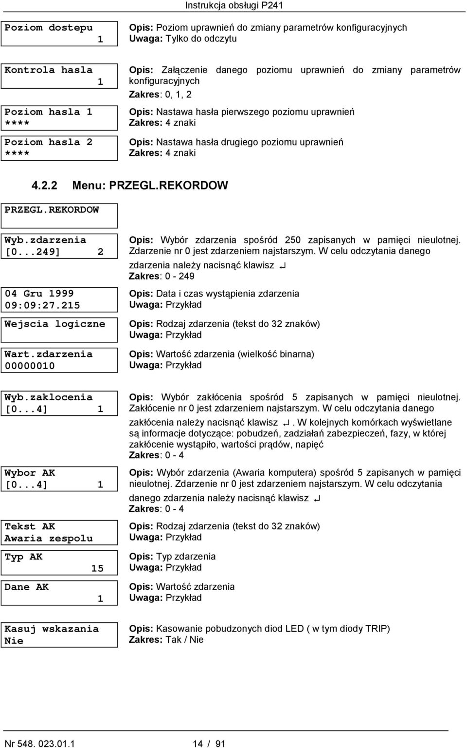 4 znaki 4.2.2 Menu: PRZEGL.REKORDOW PRZEGL.REKORDOW Wyb.zdarzenia [0...249] 2 04 Gru 1999 09:09:27.215 Wejscia logiczne Wart.